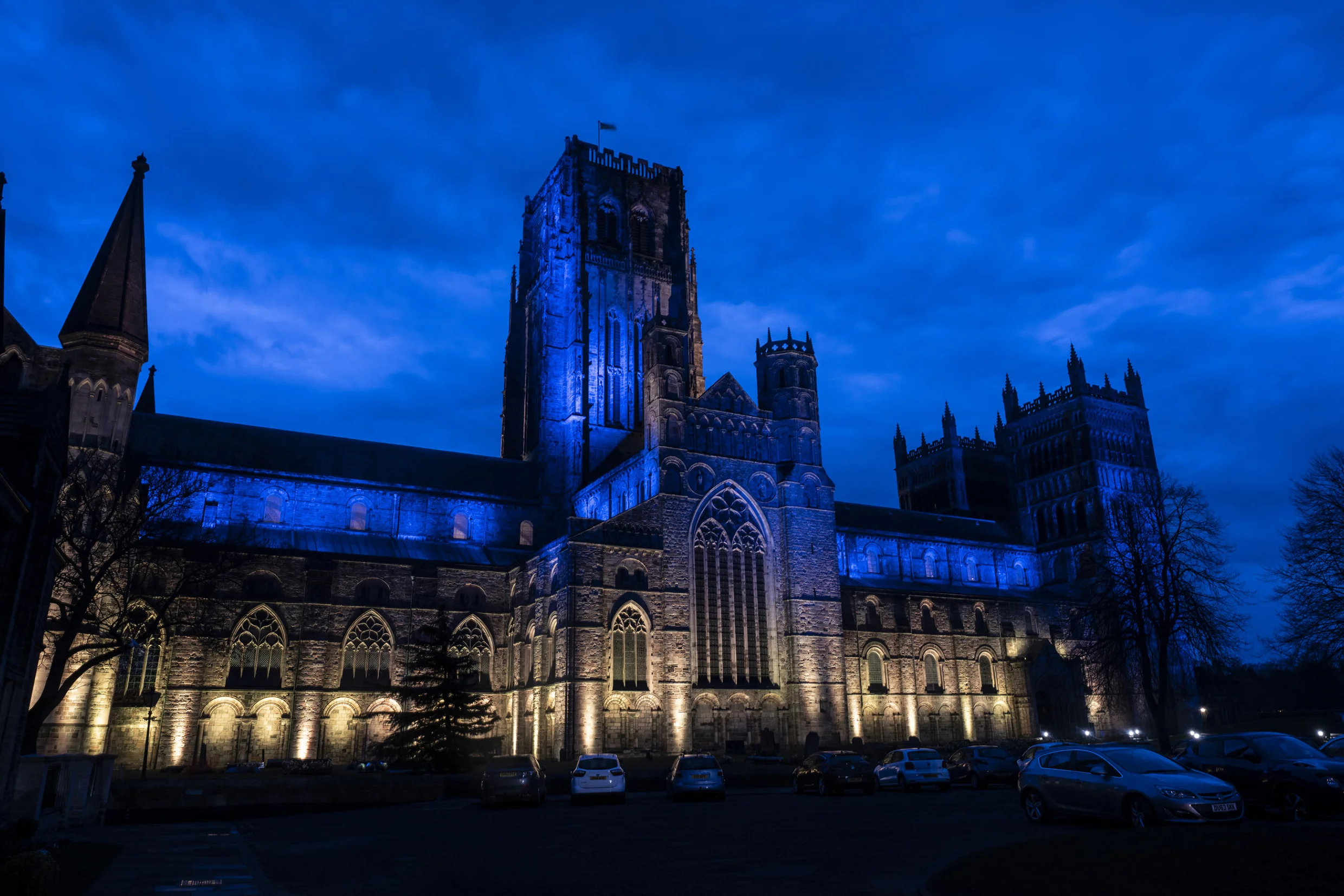 Durham Cathedral lit blue and yellow in solidarity with Ukraine